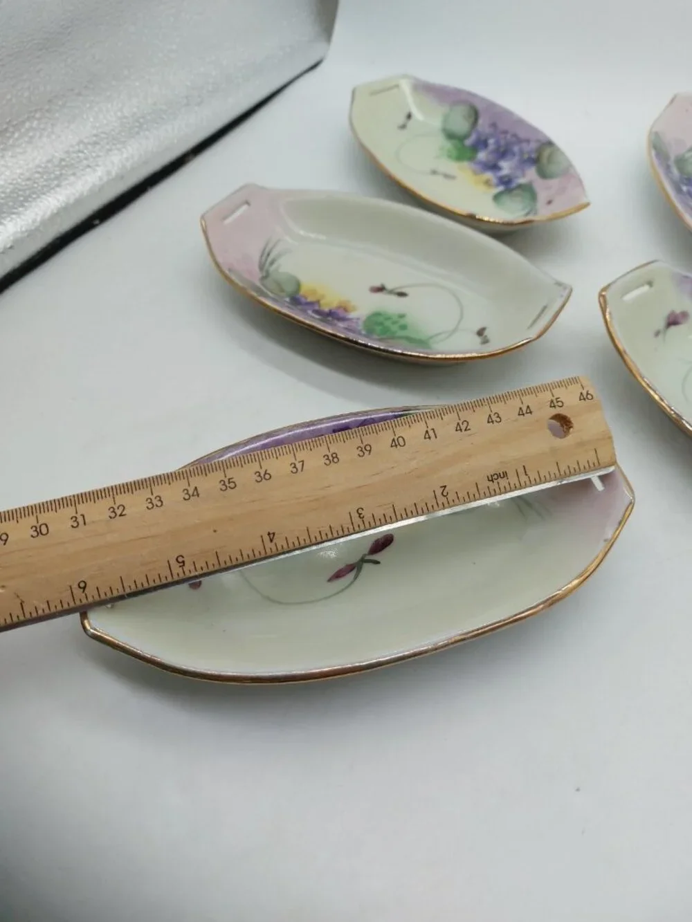 Nippon Salt Cellars Dish Set Of 5 Japan Hand Painted Purple Flowers
